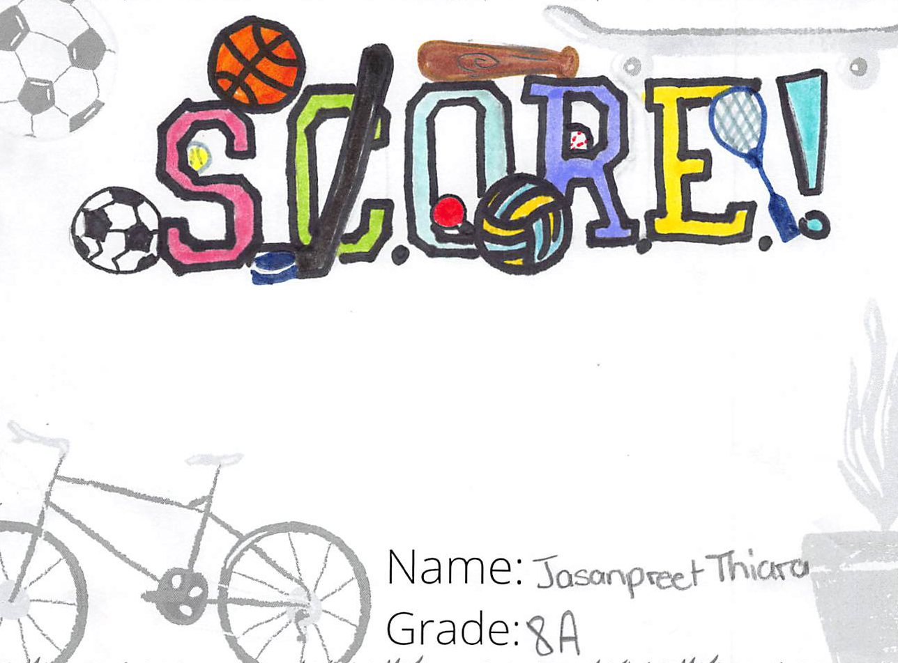 Marker drawing for the SCORE! logo contest. The drawing is colourful and includes various sports.