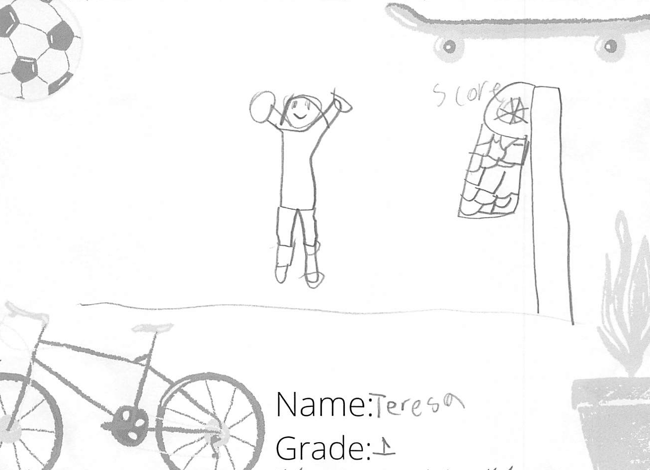 Pencil drawing for the SCORE! logo contest. The drawing includes a kid playing basketball.