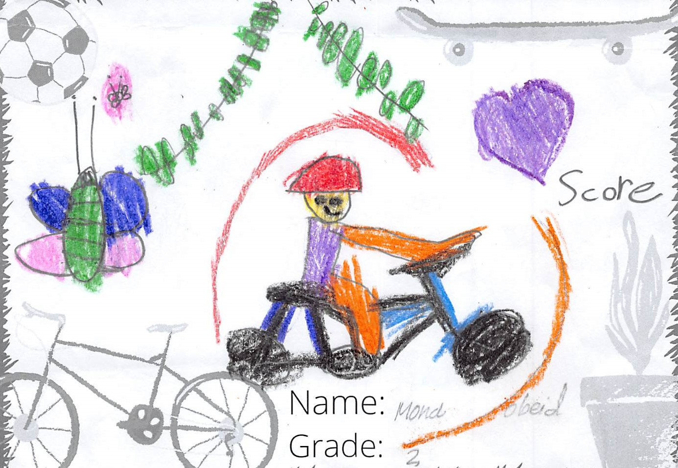Pencil crayon drawing for the SCORE! logo contest. The drawing includes a kid riding a bike.