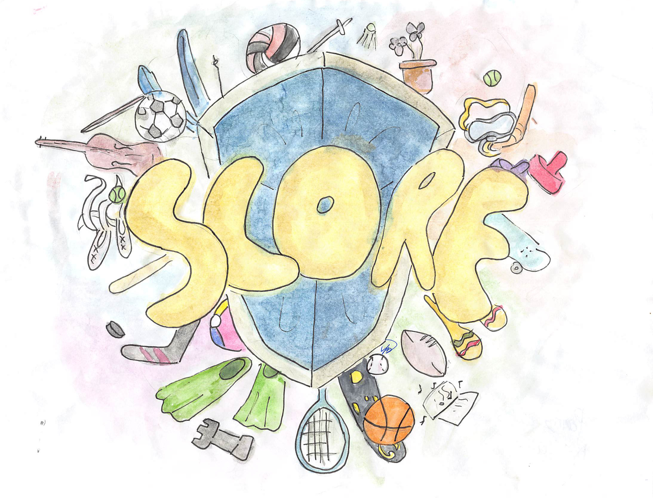 Pencil crayon drawing for the SCORE! logo contest. The drawing includes various sports and musical activities.