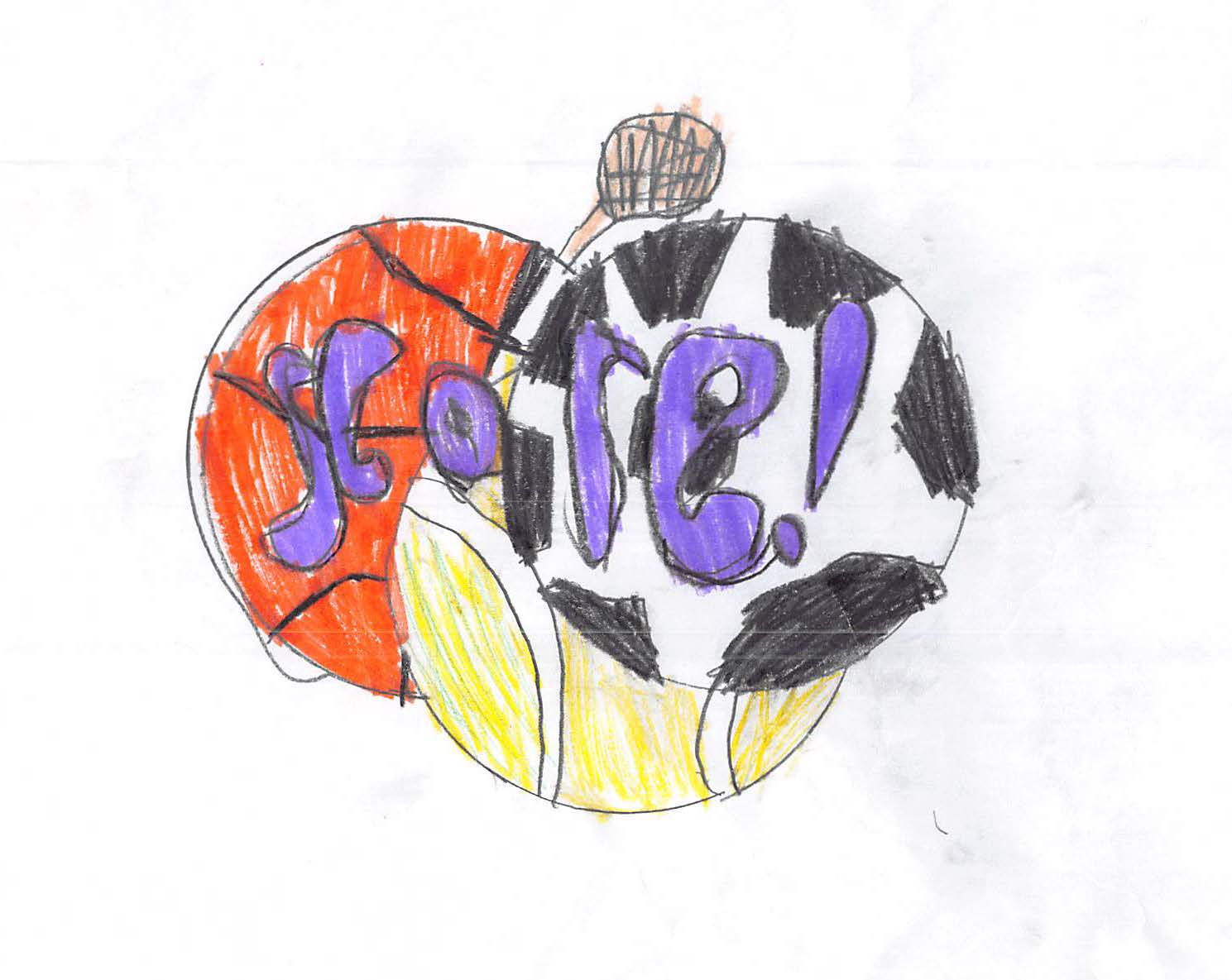 Pencil crayon drawing for the SCORE! logo contest. The drawing includes a basketball, soccer ball, and tennis ball.