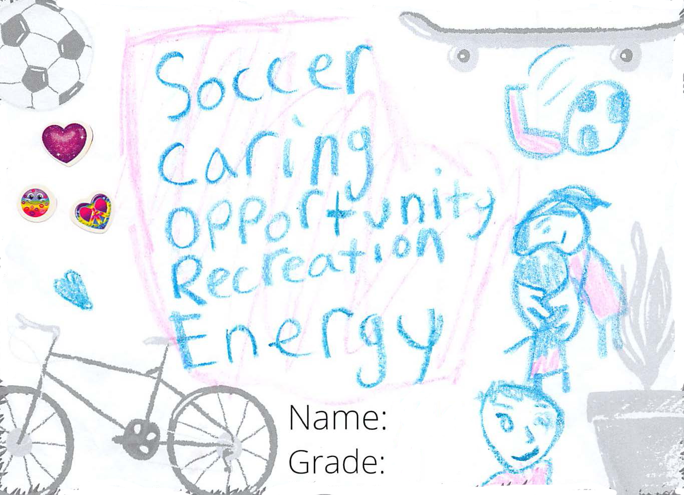 Pencil crayon drawing for the SCORE! logo contest. The drawing includes the following words: soccer, caring, opportunity, recreation, energy.