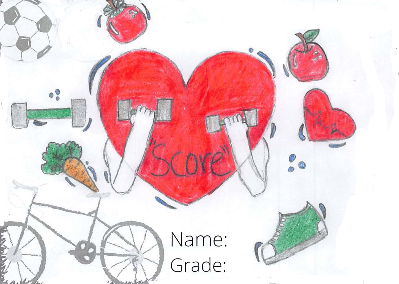 Pencil crayon drawing for the SCORE! logo contest. The drawing includes a heart lifting weights.