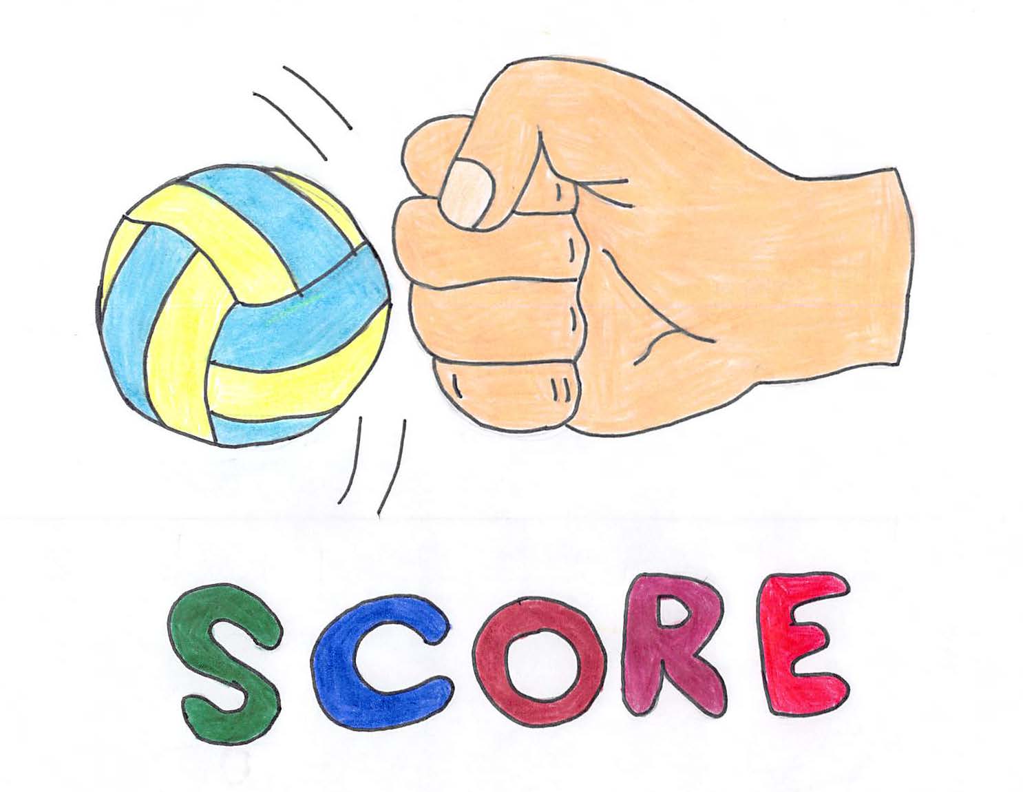 Pencil crayon drawing for the SCORE! logo contest. The drawing includes a hand hitting a volleyball.