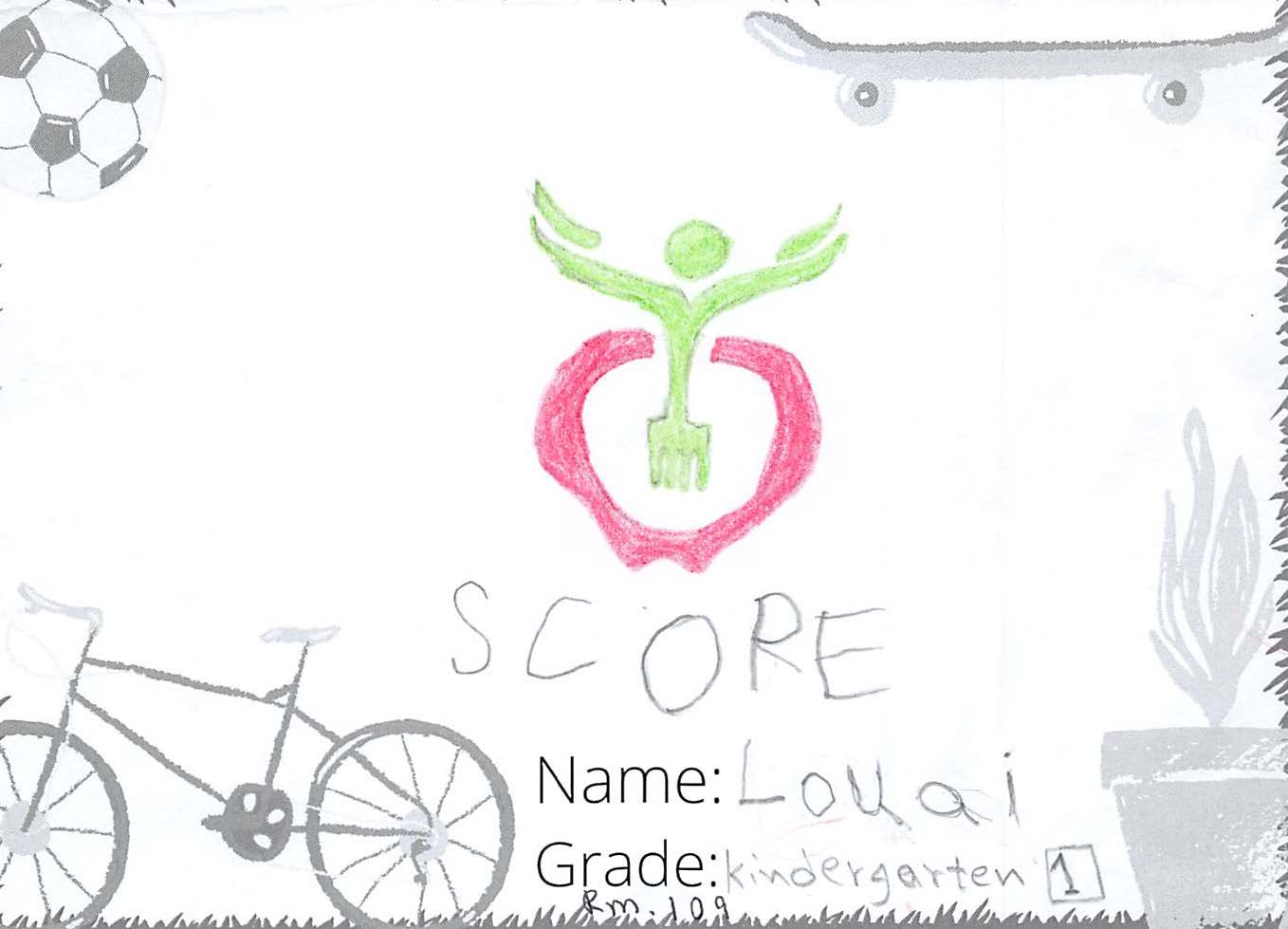 Pencil crayon drawing for the SCORE! logo contest. The drawing includes a red apple with a green stem.