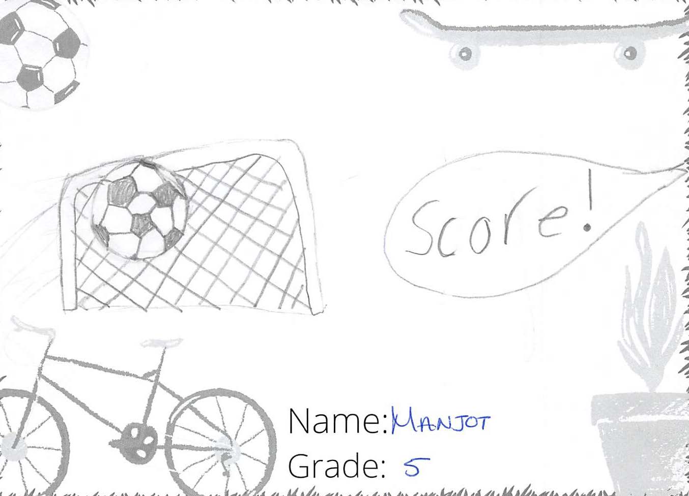 Pencil crayon drawing for the SCORE! logo contest. The drawing includes a soccer ball in a soccer net.