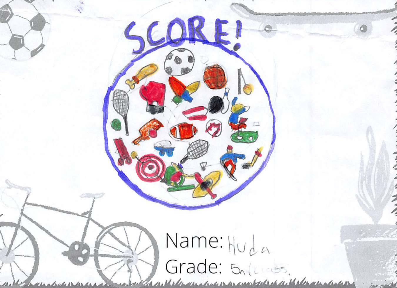 Marker drawing for the SCORE! logo contest. The drawing is colourful and includes many sports and activities.