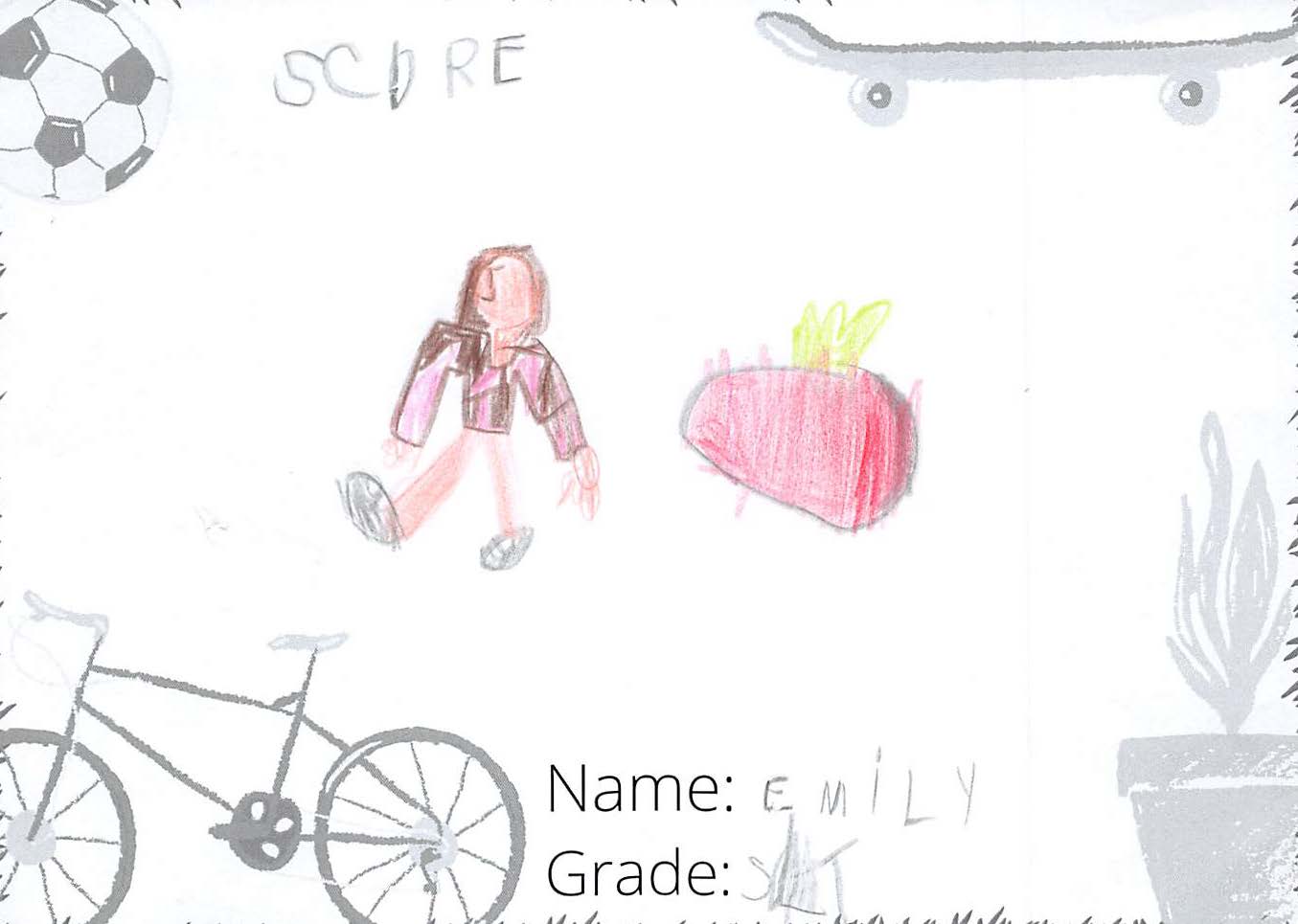 Pencil crayon drawing for the SCORE! logo contest. The drawing includes a girl standing next to an apple.