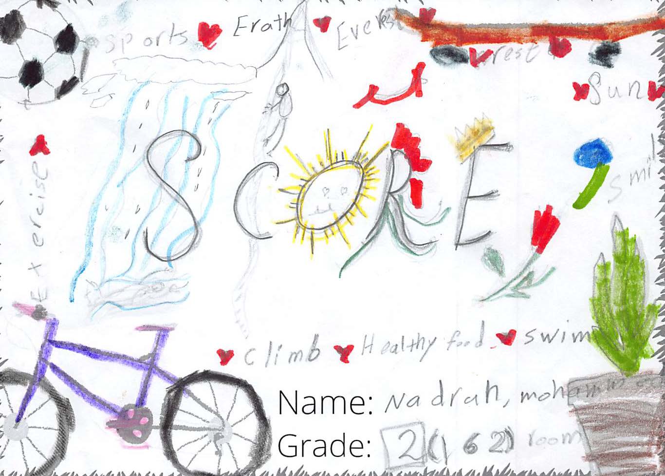 Pencil crayon drawing for the SCORE! logo contest. The drawing is colourful and includes a skateboard, the sun, plants, and more.