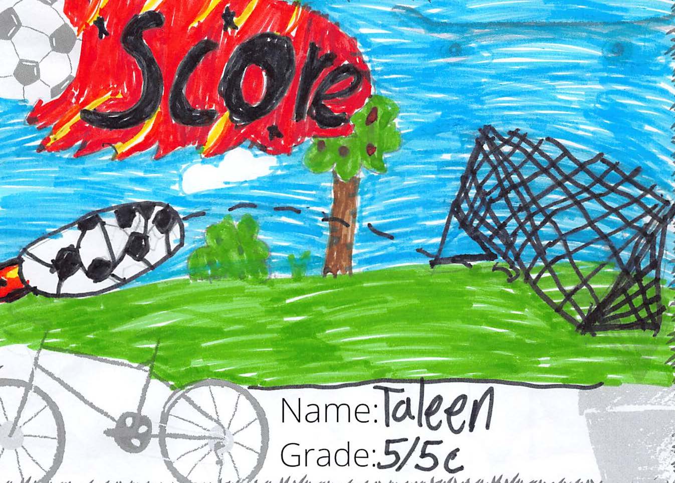Marker drawing for the SCORE! logo contest. The drawing is colourful and includes a soccer ball being kicked into a net.
