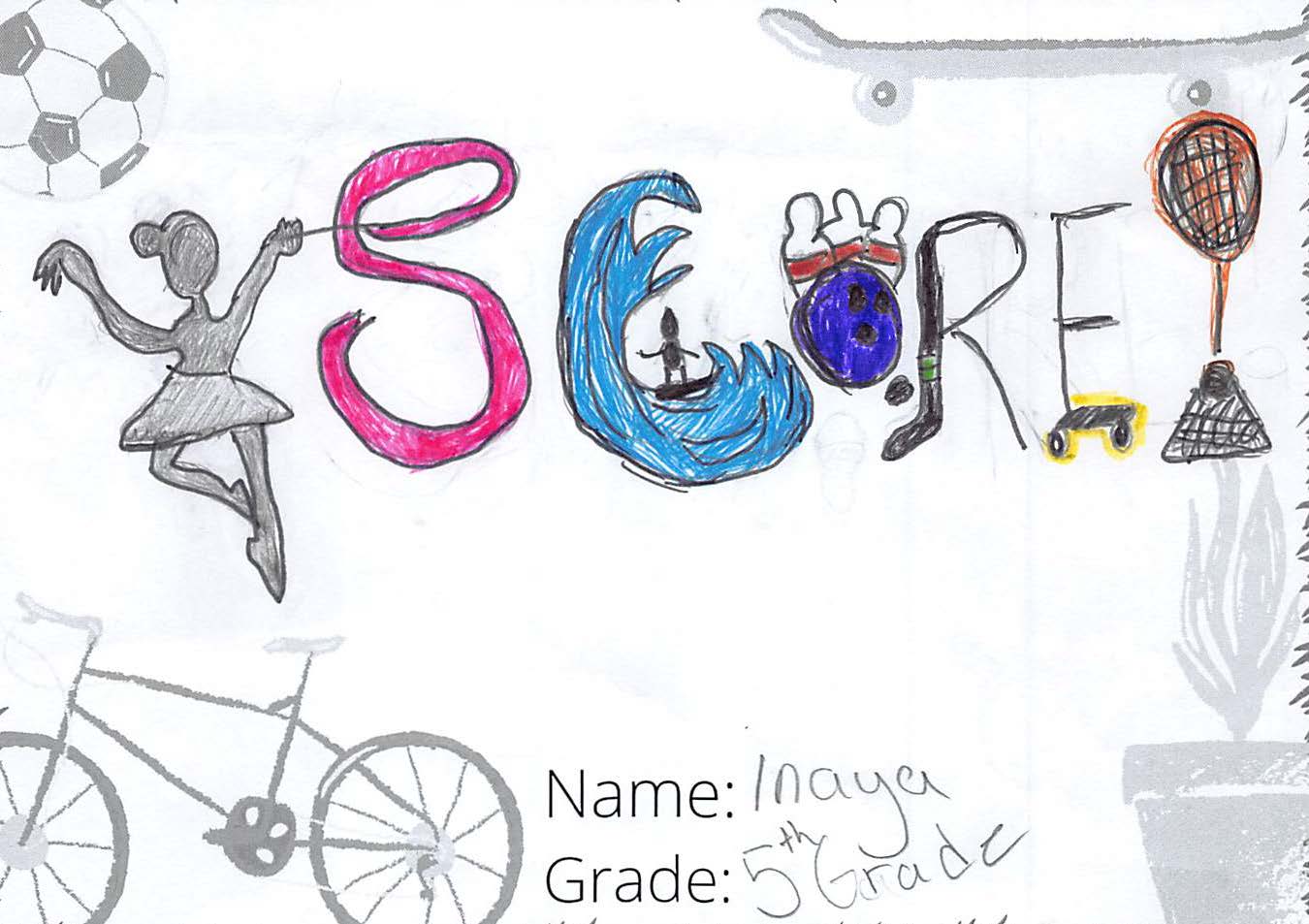Pencil crayon drawing for the SCORE! logo contest. The drawing is colourful and includes many sports and activities.