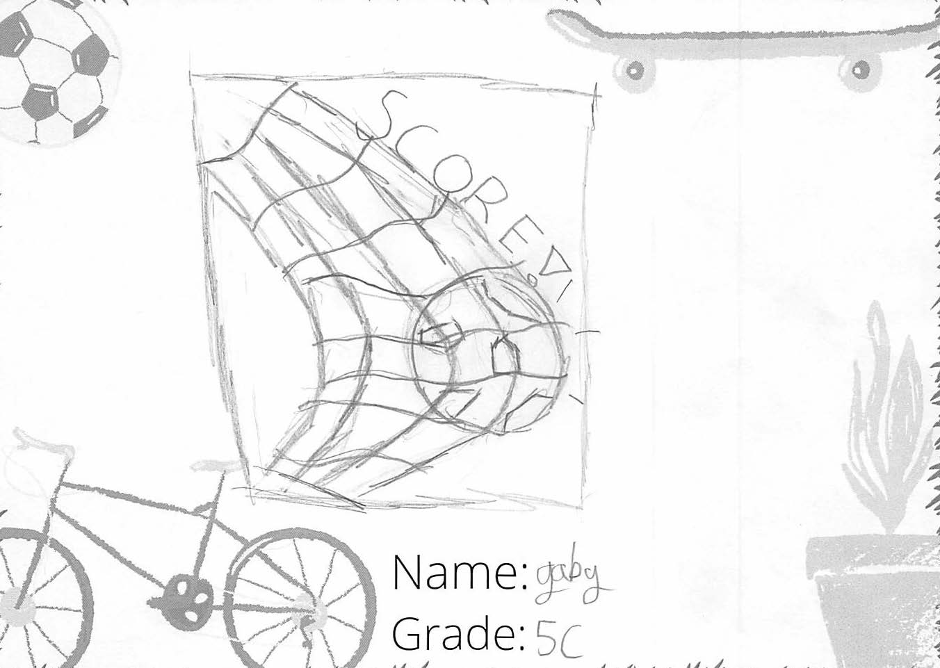 Pencil drawing for the SCORE! logo contest. The drawing includes a soccer ball in a net.