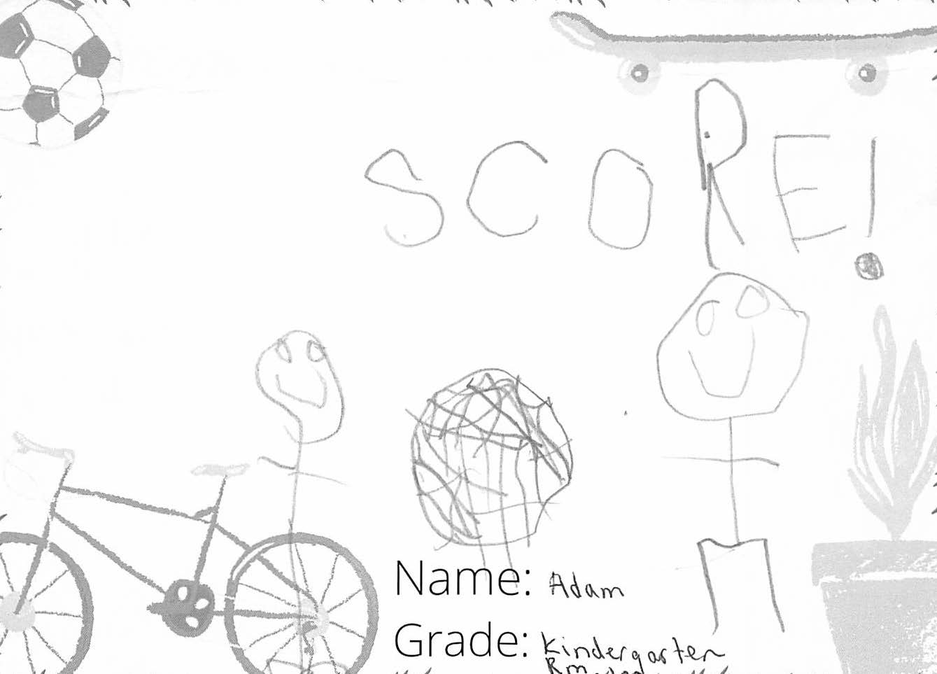 Pencil drawing for the SCORE! logo contest. There are two people playing soccer below the word: SCORE!