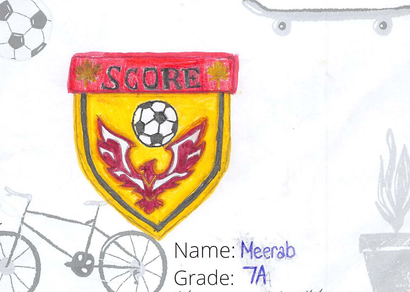 Pencil crayon drawing for the SCORE! logo contest. The drawing is red and yellow and includes a soccer ball and bird.