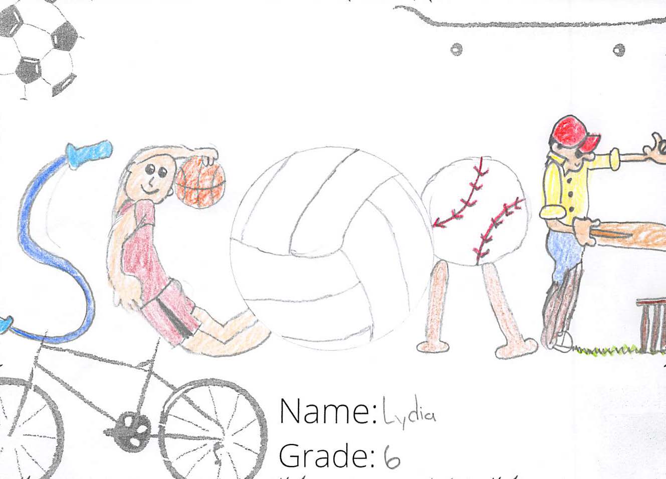 Pencil crayon drawing for the SCORE! logo contest. The drawing includes people playing sports within the word: SCORE.
