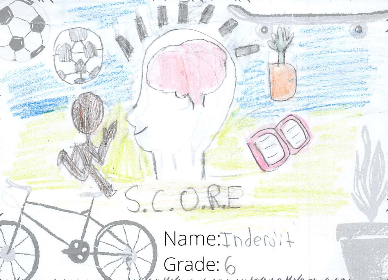 Pencil crayon drawing for the SCORE! logo contest. The drawing includes a brain, soccer ball, plant, person running, and a book.