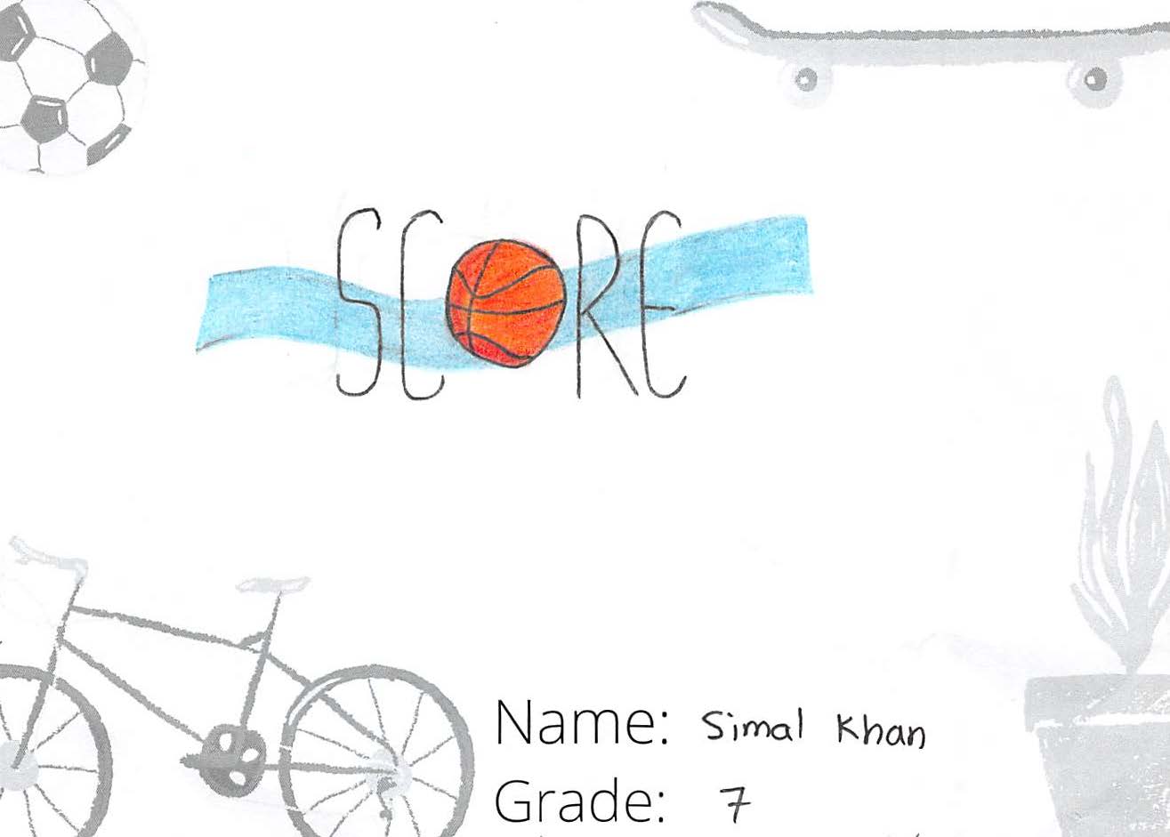 Marker drawing for the SCORE! logo contest. The drawing includes a basketball and the colour blue with text that says: SCORE.