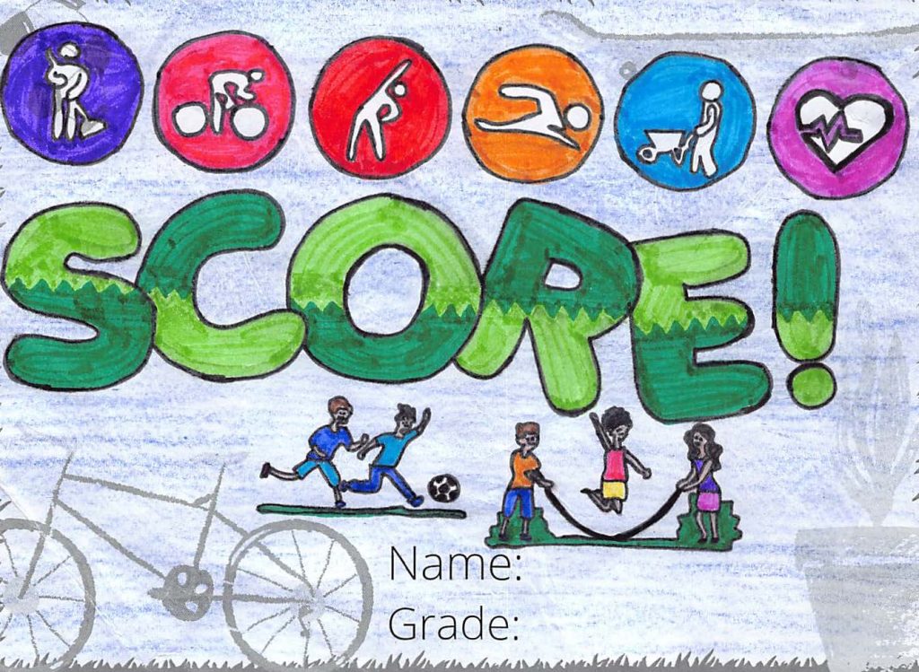 Samiha's drawing for the SCORE! logo contest. The project name, SCORE!, is spelled out using green letters. Above the project name are six drawings in different colours that represent health and fitness.