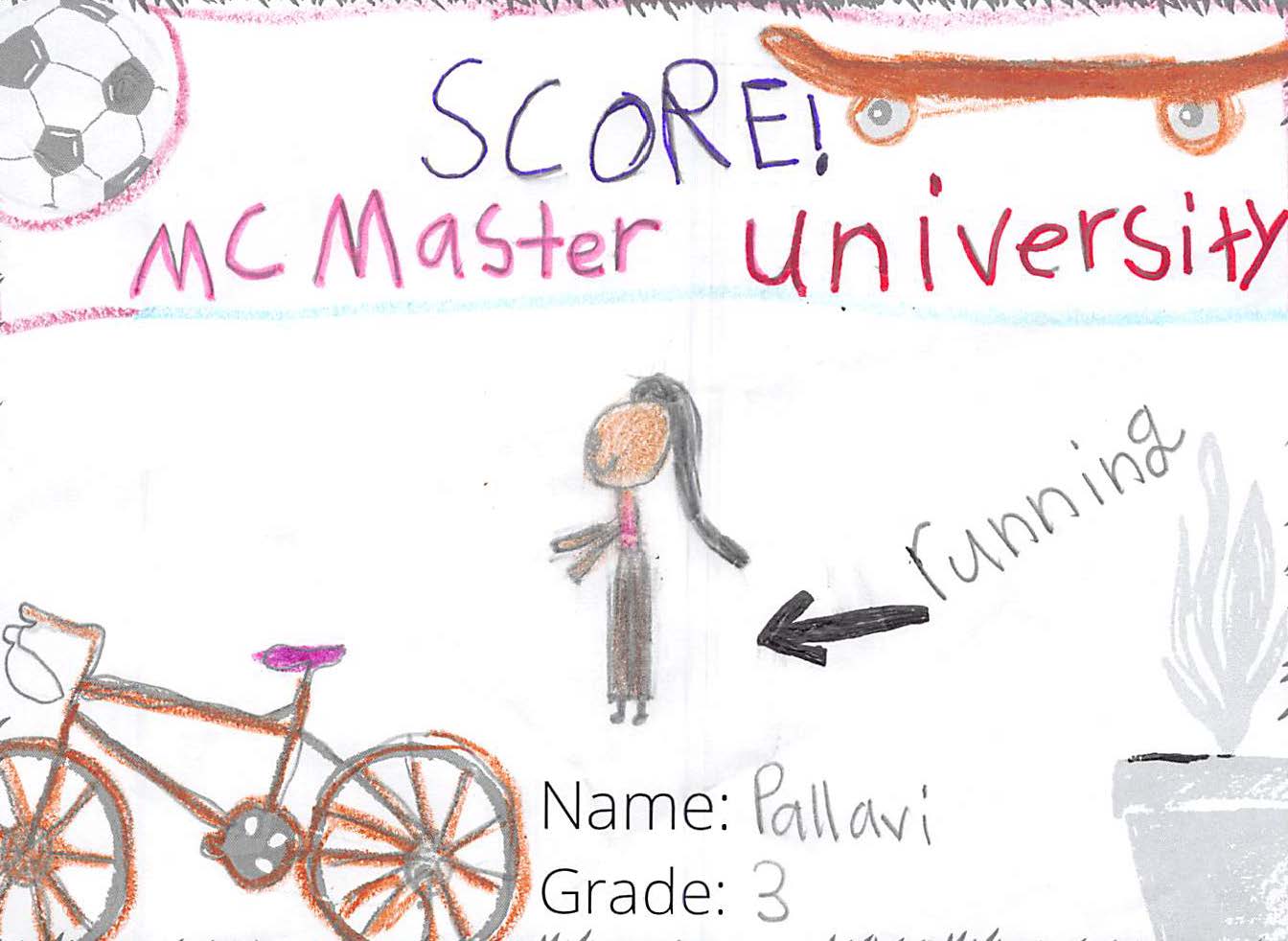 Pencil crayon drawing for the SCORE! logo contest. There is a girl running and text that says: SCORE! McMaster University.
