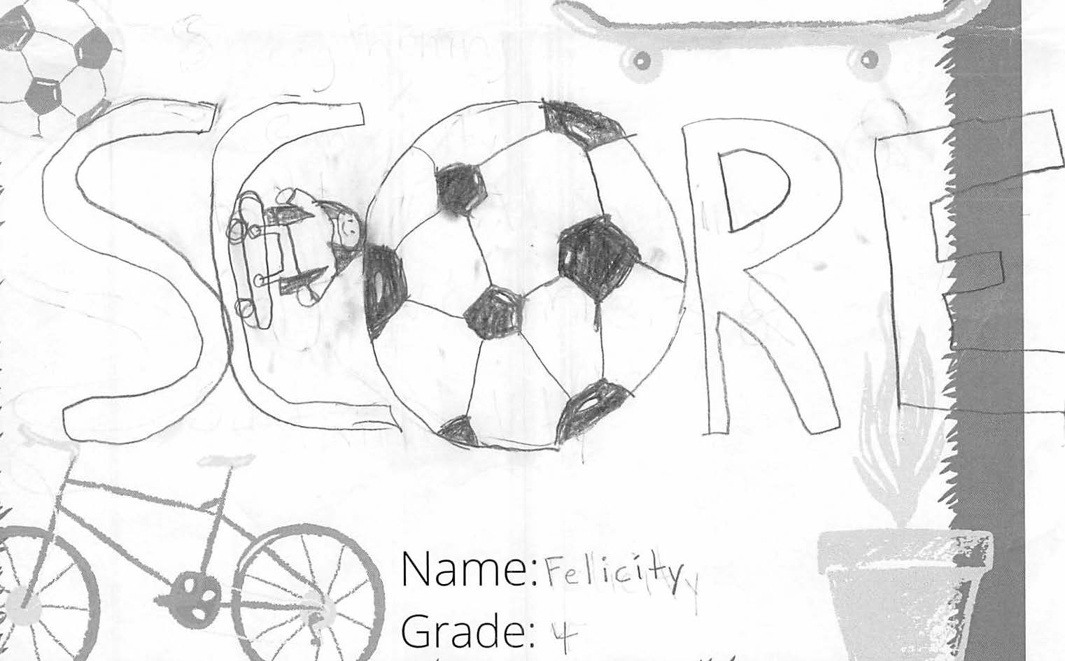 Pencil drawing for the SCORE! logo contest. The drawing includes the word 