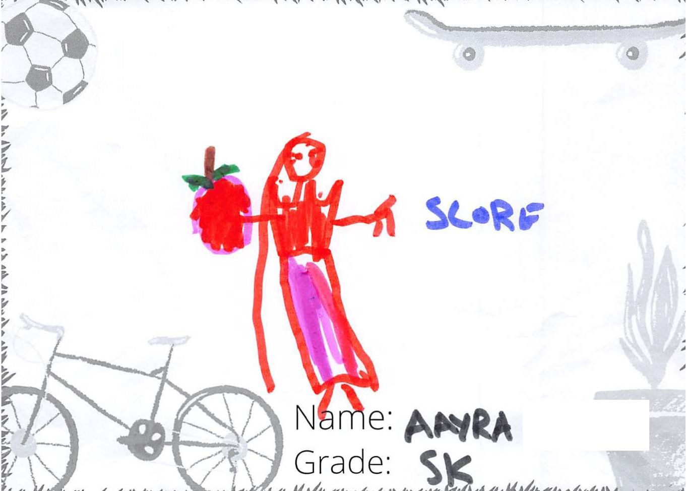 Marker drawing for the SCORE! logo contest. The drawing shows a person holding an apple.