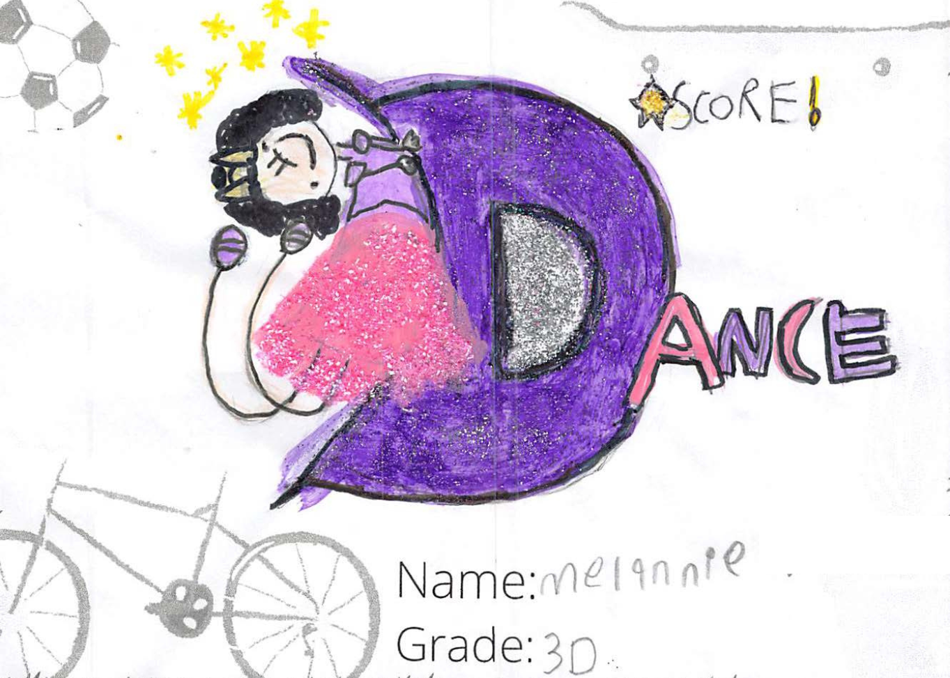Marker drawing for the SCORE! logo contest. The drawing is pink and purple and includes a girl dancing.