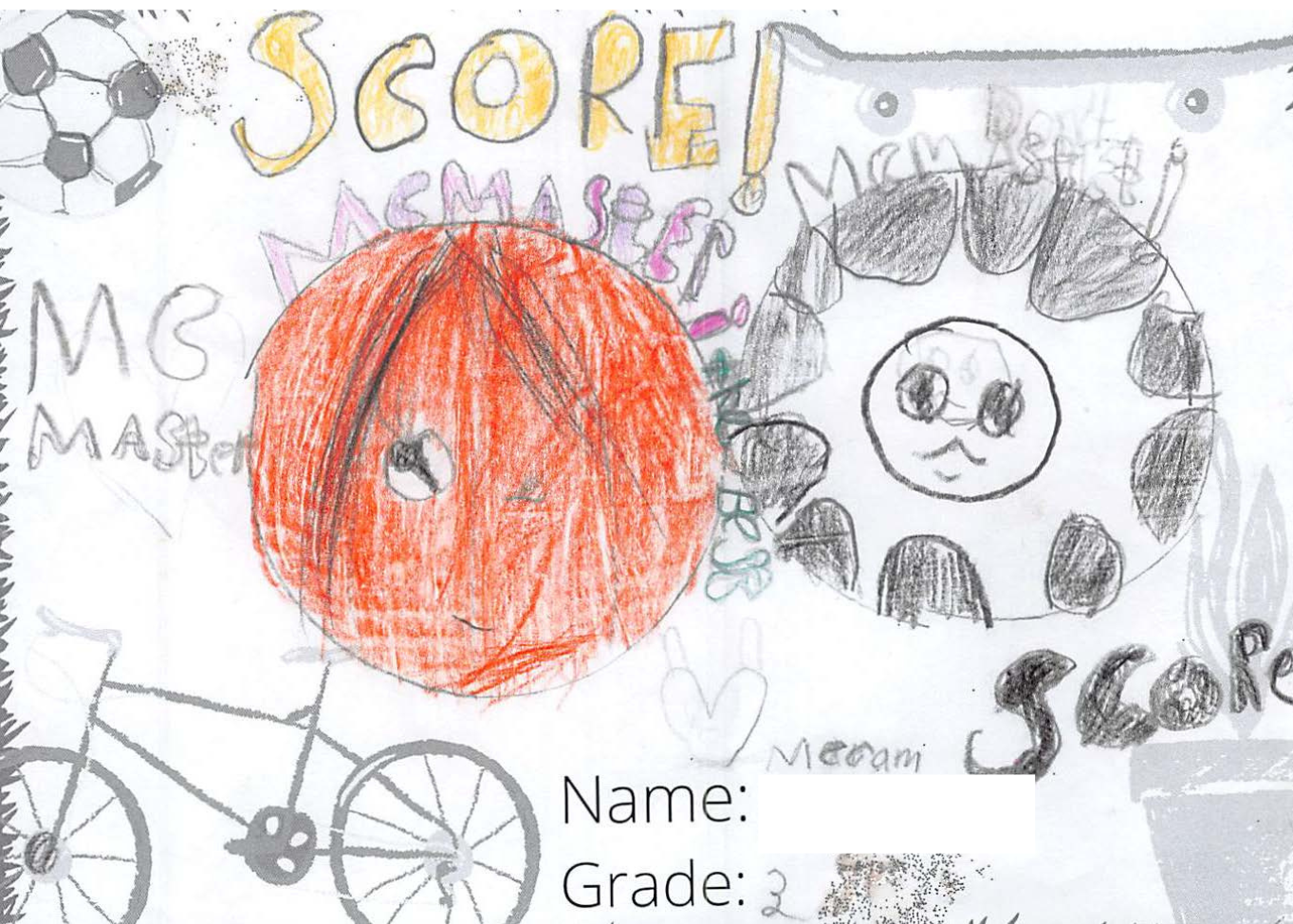 Pencil crayon drawing for the SCORE! logo contest. The drawing includes a basketball and soccer ball.