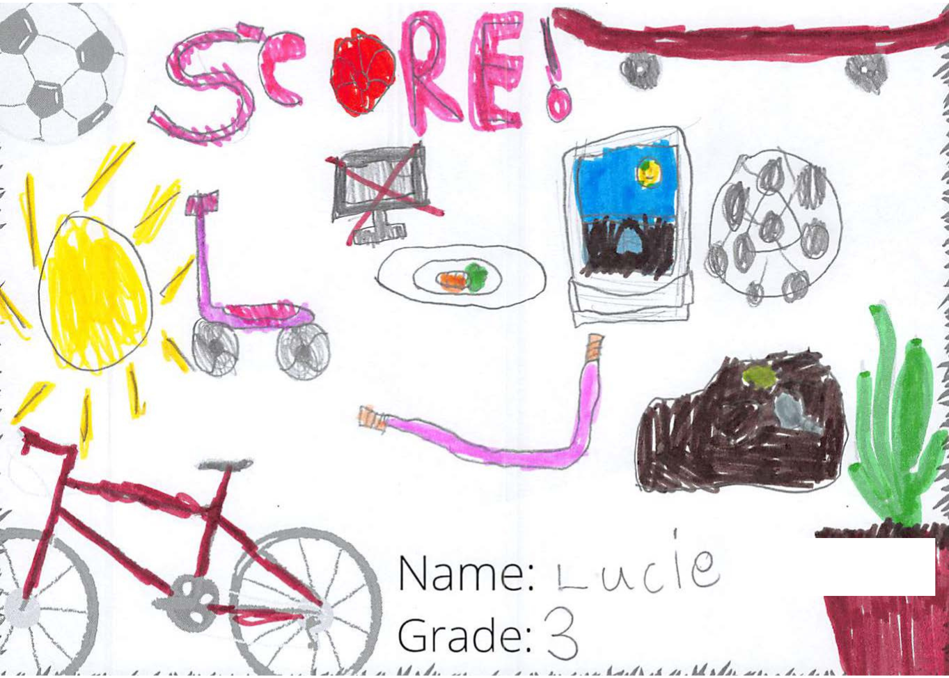 Marker drawing for the SCORE! logo contest. The drawing includes the sun, sports, vegetables, and more.