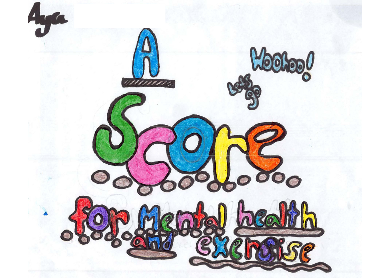 Pencil crayon drawing for the SCORE! logo contest. Text reads: A score for mental health and exercise.