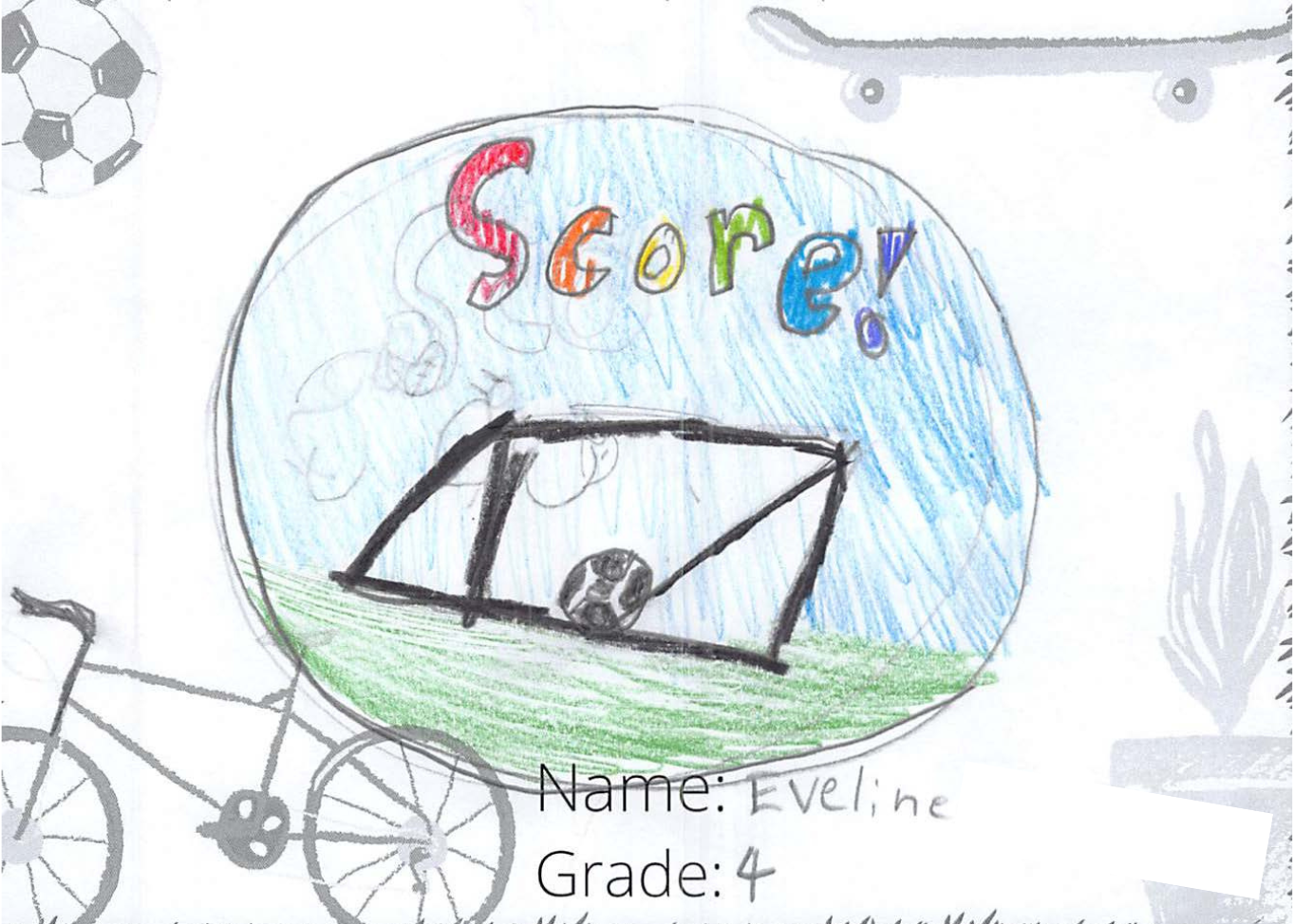 Pencil crayon drawing for the SCORE! logo contest. The drawing includes a soccer ball in a net.