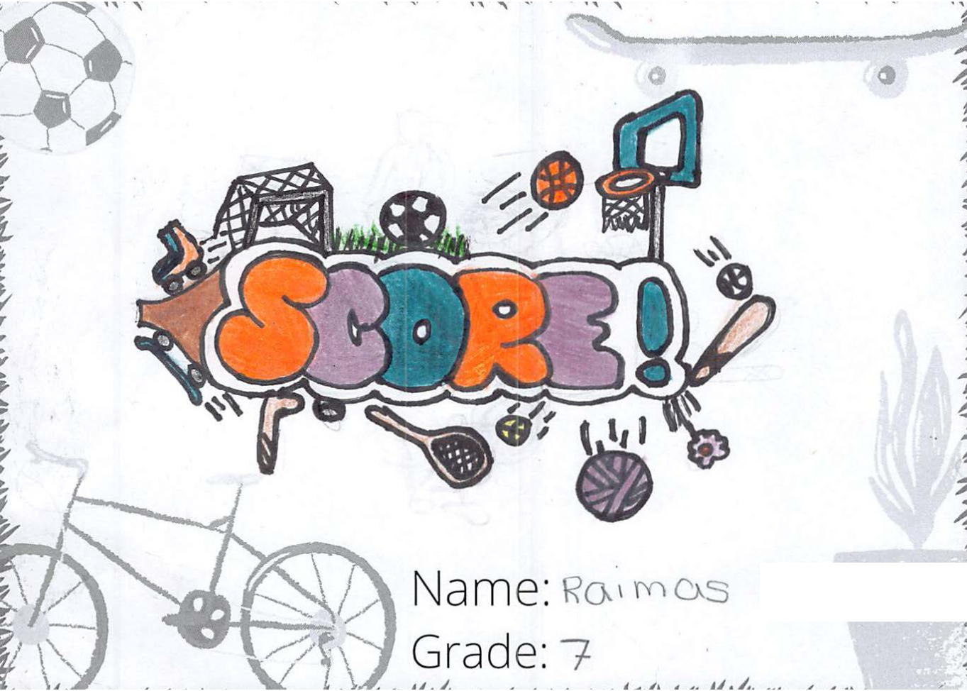 Pencil crayon drawing for the SCORE! logo contest. The drawing includes many sports and physical activities.