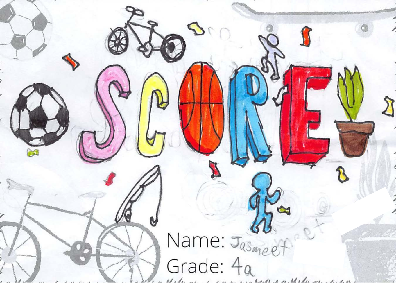 Marker drawing for the SCORE! logo contest. The drawing includes many sports and physical activities.