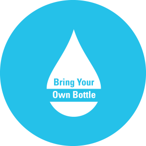 Bring Your Own Bottle logo. It is a blue circle with a white water drop with text that says: "Bring Your Own Bottle"
